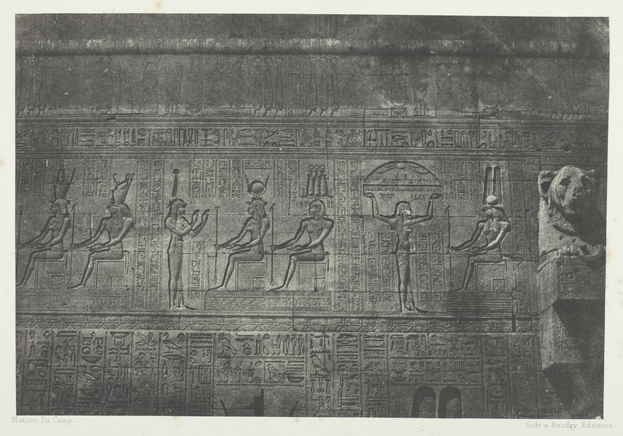 Großer Tempel von Dendérah (Teutyres), Skulpturen der hinteren Fassade; Oberägypten, Platte 20 aus dem Album "Egypte, Nubie, Palestine et Syrie" (1852) von Maxime Du Camp