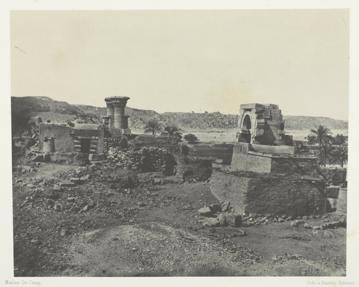 Dorf und Tempel der Insel Bégéh, im Westen von Philä; Nubien, Platte 81 aus dem Album "Ägypten, Nubien, Palästina und Syrien" (1852) von Maxime Du Camp