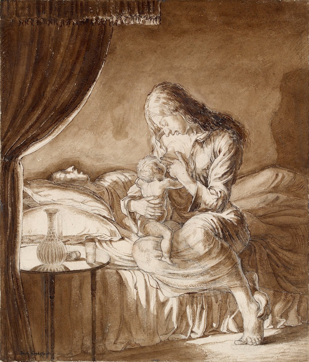 Nachtszene - Frau füttert ihr Kind, ca. 1900er von Maxwell Gordon Lightfoot