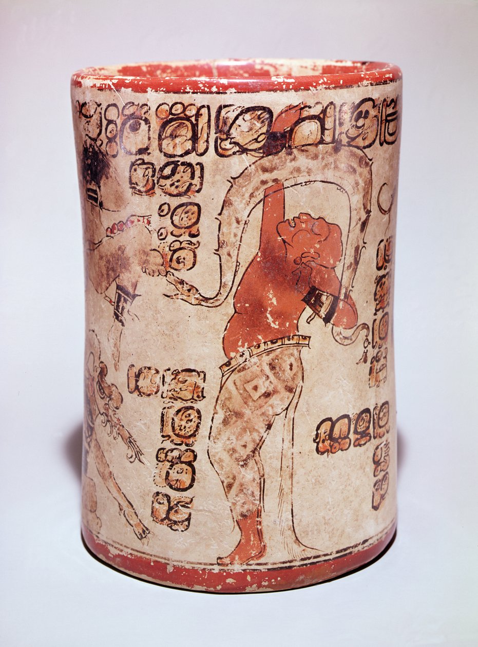 Krug, der einen Mann zeigt, der mit einer Schlange tanzt, gefunden in einem Grab in Altar de Sacrificios, Klassik Maya von Mayan