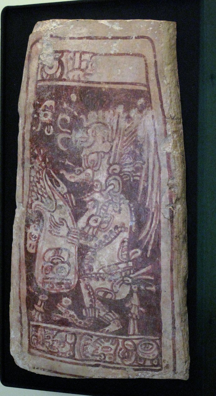 Gewölbedeckel mit Malerei des Gottes K"Awiil und hieroglyphischem Text, Chenes-Gebiet, Yucatan, Spätklassische Periode, 600-900 n. Chr. von Mayan