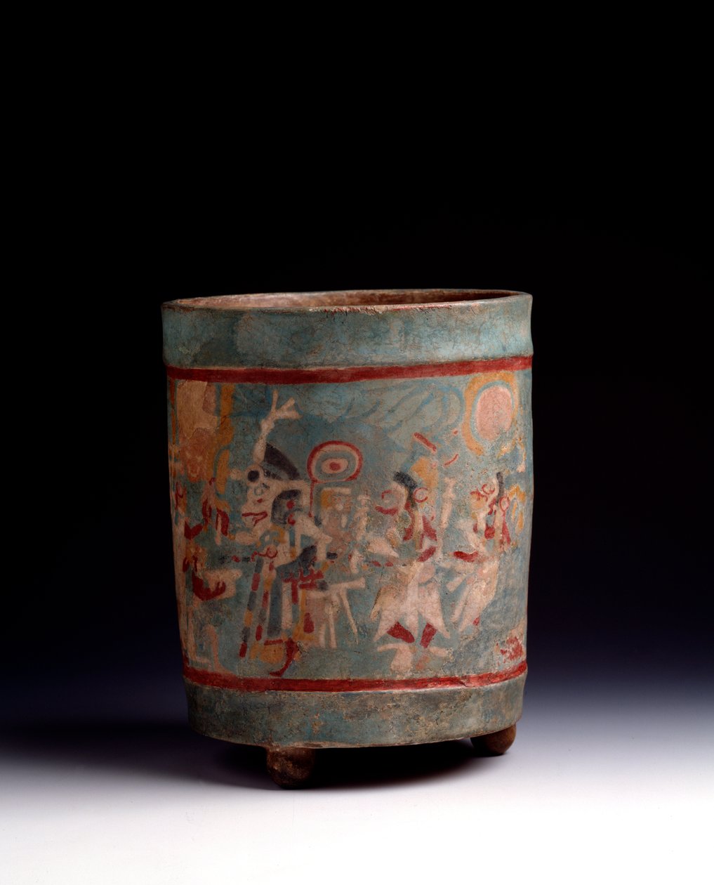 Präkolumbische Kunst, Maya-Zivilisation, klassische Periode: Zylindrische Vase aus polychromem Ton von Mayan Mayan