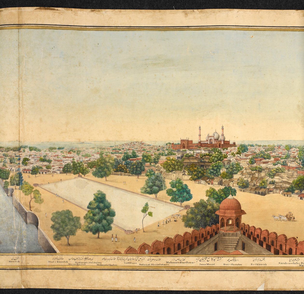 Abschnitt eines Panoramas von Delhi, zeigt die Jama Masjid von Mazar or Mazhar Ali Khan