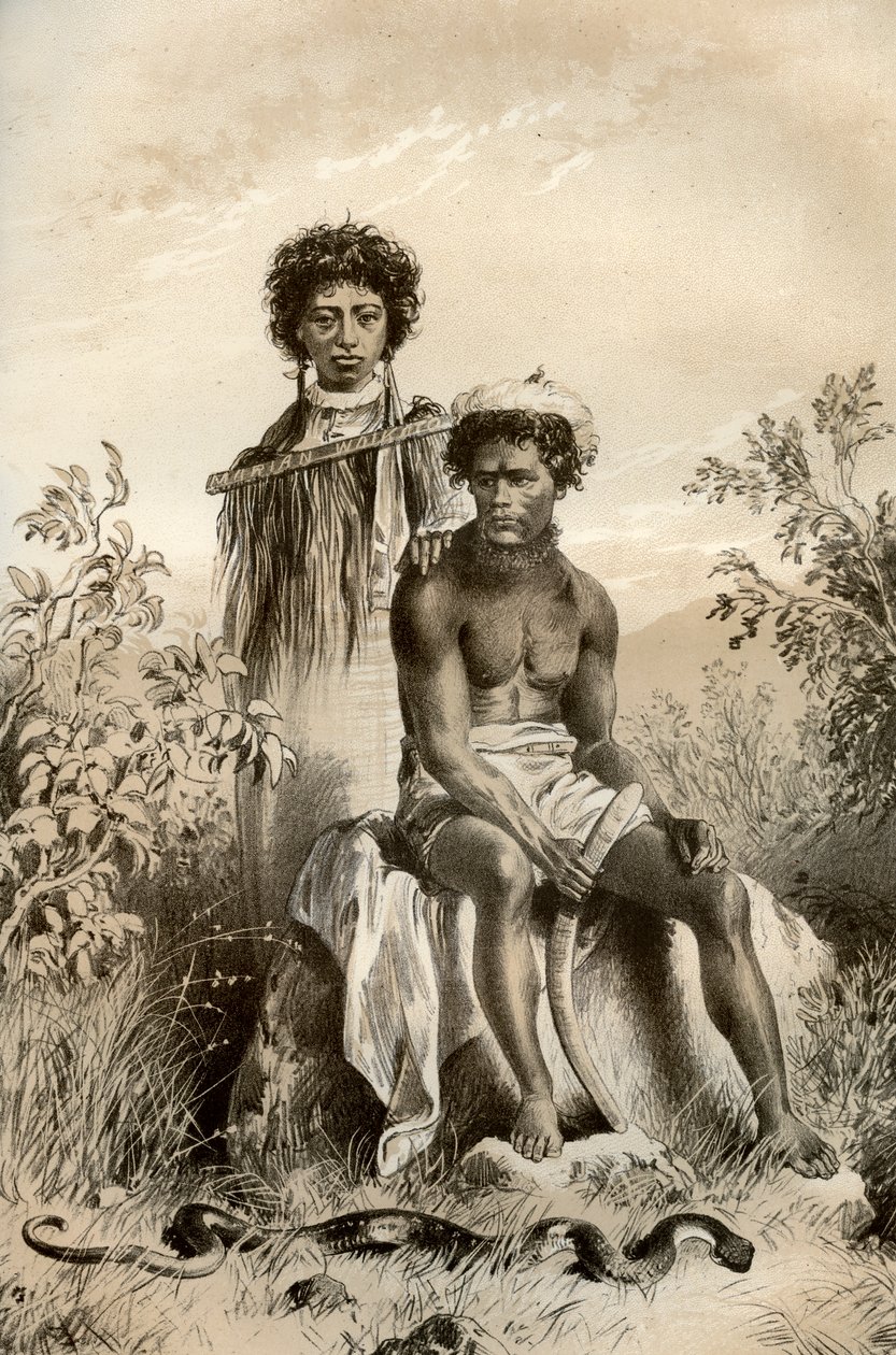 Maoris und Teppichschlange, Neuseeland, 1879 von McFarlane and Erskine