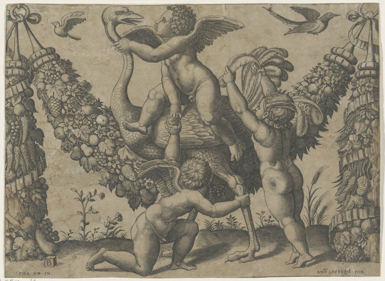 Drei Putti mit einem Strauß (Wandteppiche des Papstes von Raffael) von Meester van de Dobbelsteen