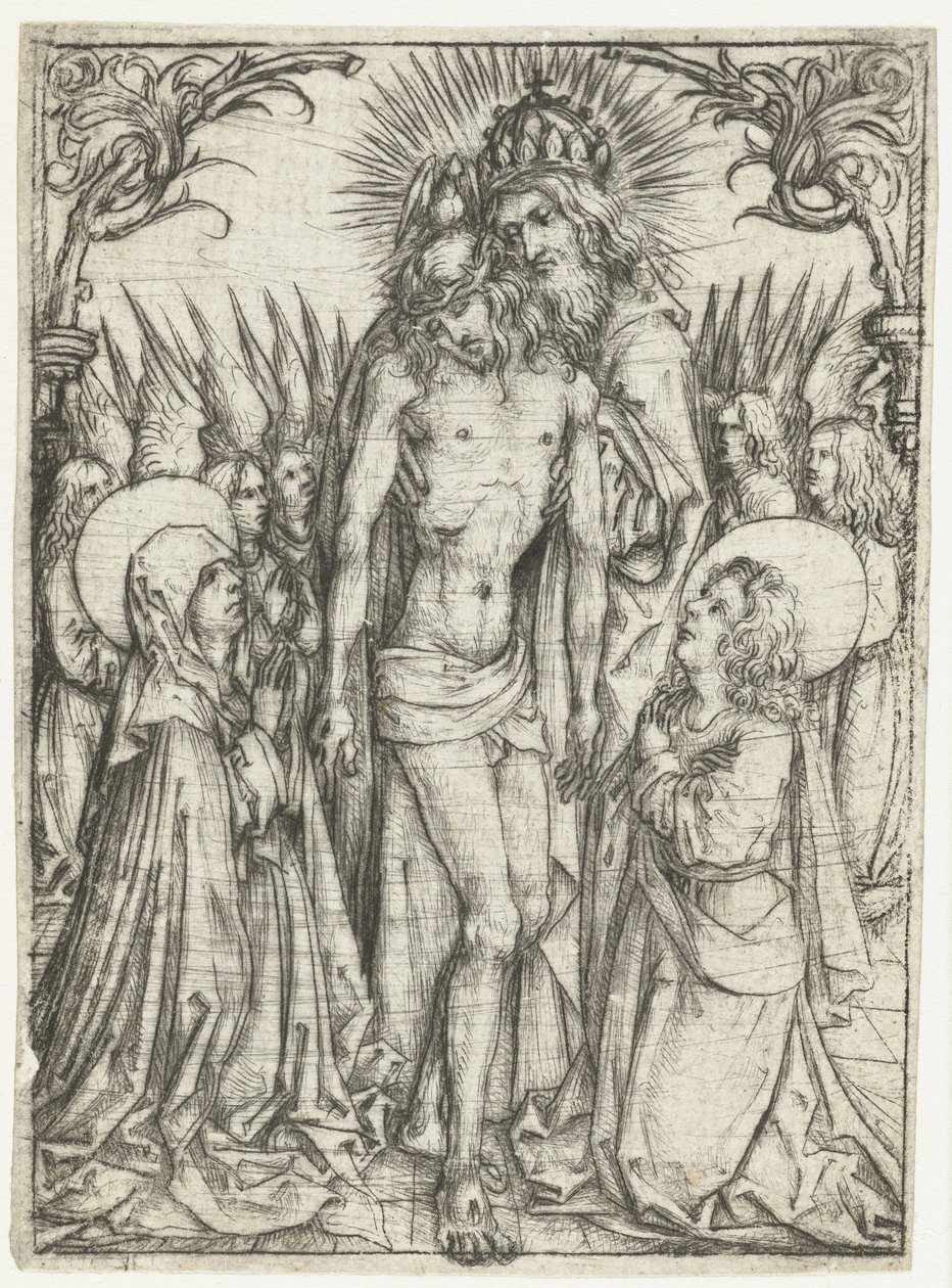 Anbetung der Heiligen Dreifaltigkeit durch Maria, Johannes den Evangelisten und Engel von Meester van het Amsterdamse Kabinet