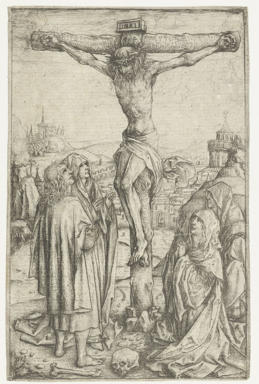 Die Kreuzigung mit Maria und dem Heiligen Johannes und zwei heiligen Frauen von Meester van het Amsterdamse Kabinet