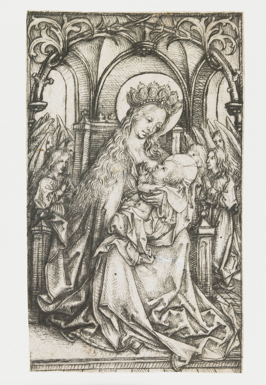 Thronende Madonna von Engeln angebetet von Meester van het Amsterdamse Kabinet