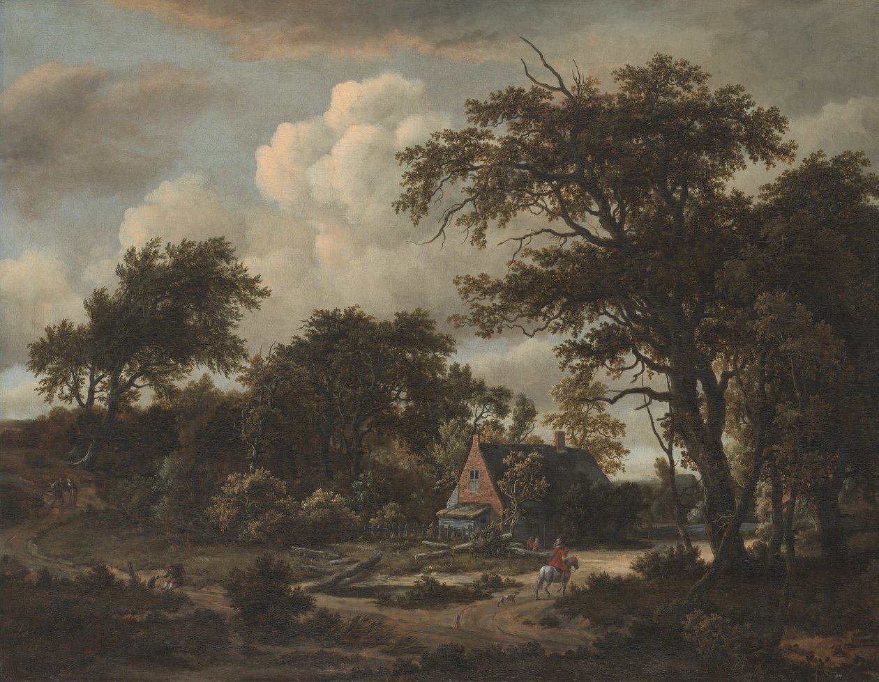 Waldlandschaft mit Hütte und Reiter von Meindert Hobbema
