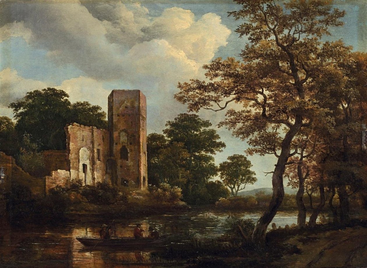 Waldige Flusslandschaft mit den Ruinen der Burg Egmond in Egmond aan den Hoef von Meindert Hobbema