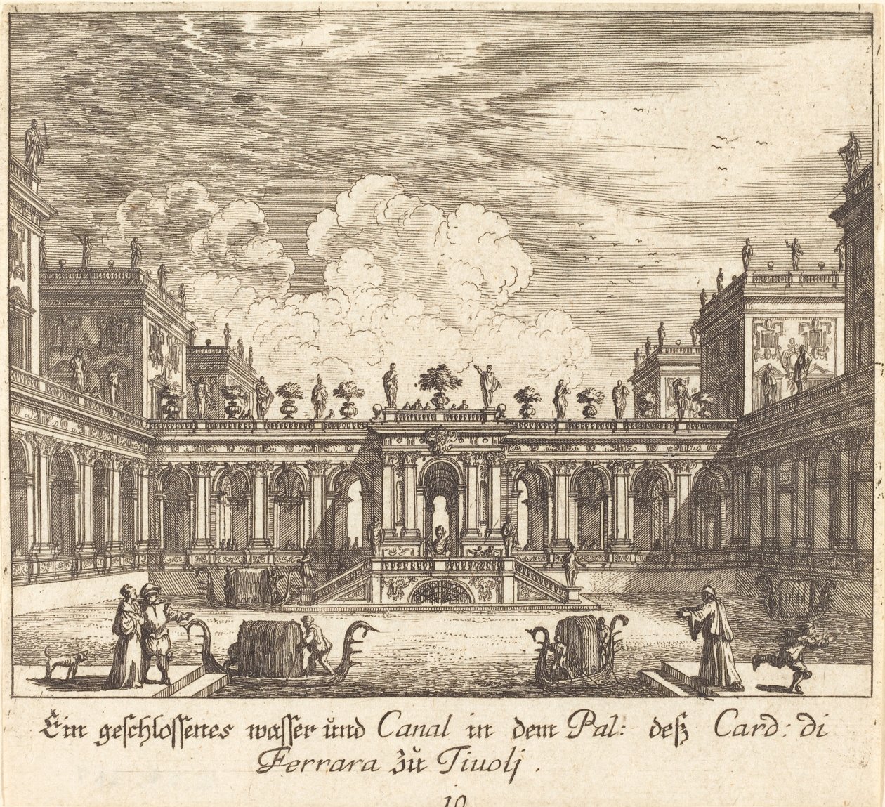 Palast und Kanal, Kardinal di Ferrara, Tivoli von Melchior Küsel after Johann Wilhelm Baur