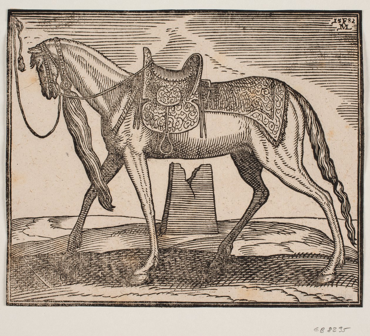 Elegantes gesatteltes Pferd, angebunden an der linken Rahmenlinie, Profil nach links; unter dem Bauch des Pferdes sieht man eine Ruine von Melchior Lorck