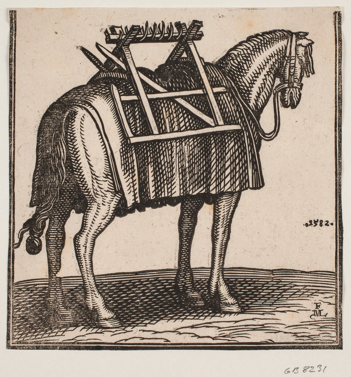 Ein noch ungeladenes Packpferd mit Tragegestell auf dem Rücken, schräg von hinten nach rechts gesehen. von Melchior Lorck
