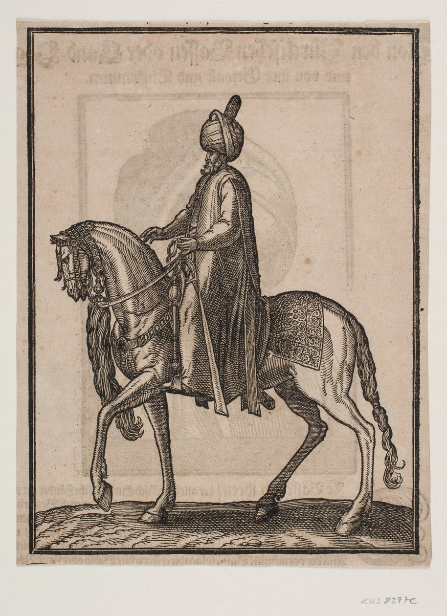Berittener älterer Mann, mit Keule an seiner Seite, Profil nach links; unter dem Hals des Pferdes hängt ein Pferdeschwanz oder Ochsen Schwanz als Zeichen des würdevollen Status des Mannes von Melchior Lorck