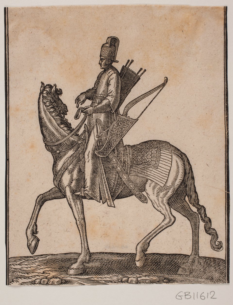 Berittener Soldat, Profil nach rechts; er trägt sein Schwert und seinen Bogen auf der linken Seite und den Köcher auf der rechten Seite von Melchior Lorck