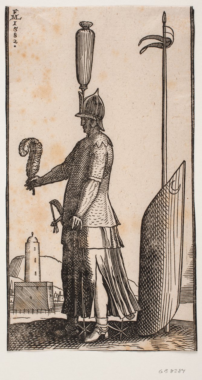 Stehender Soldat mit Helm, Profil nach links, eine Feder in seiner ausgestreckten Hand haltend; hinter ihm lehnt ein mondgeschmückter Schild an einer in den Boden gesteckten Lanze von Melchior Lorck