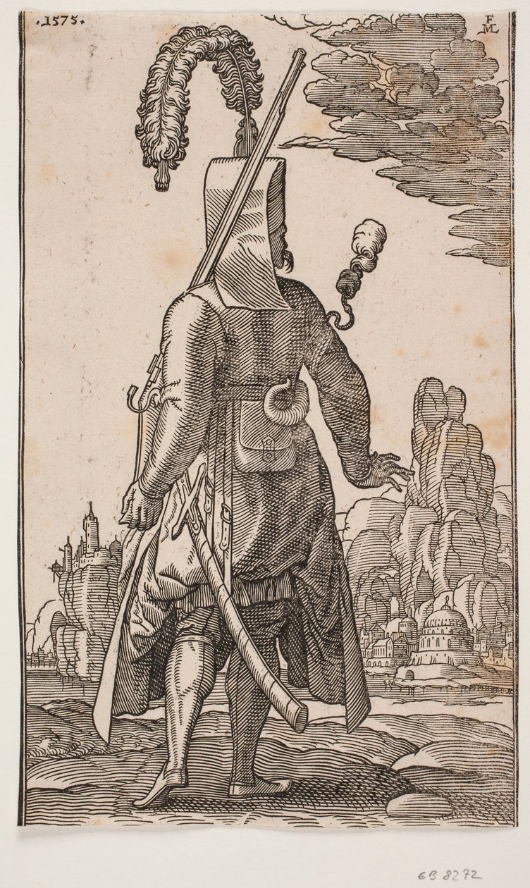 Stehender Janitschar von hinten gesehen, Federkopfbedeckung, Gewehr an der linken Schulter von Melchior Lorck