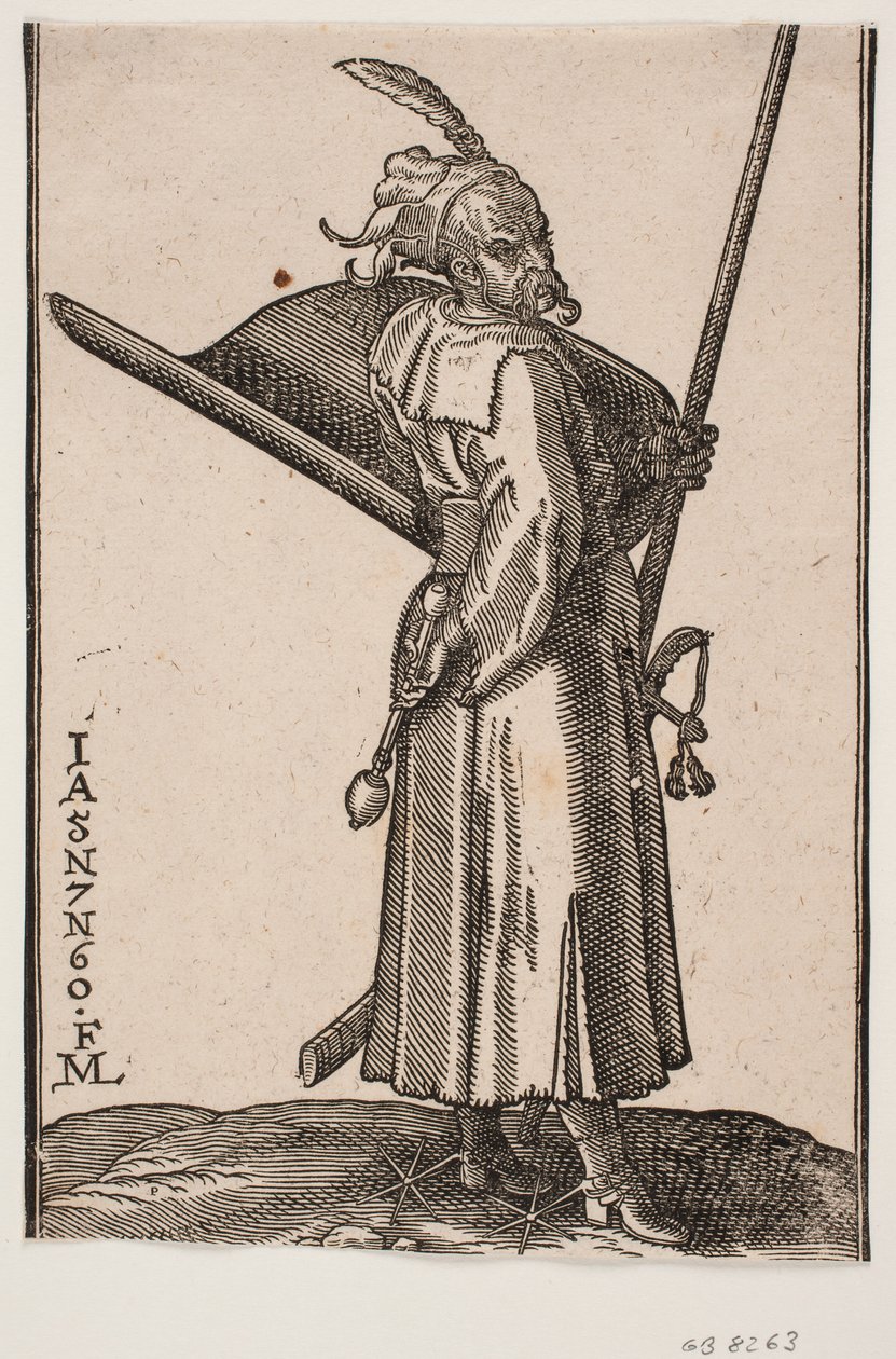 Stehender Soldat (akinci), Profil nach rechts; in der rechten Hand eine Keule, in der linken Hand eine Lanze, deren Spitze außerhalb der oberen Rahmenlinie ist; auf dem linken Arm ein Schild mit der Innenseite nach oben, an der linken Seite ein Schwert von Melchior Lorck