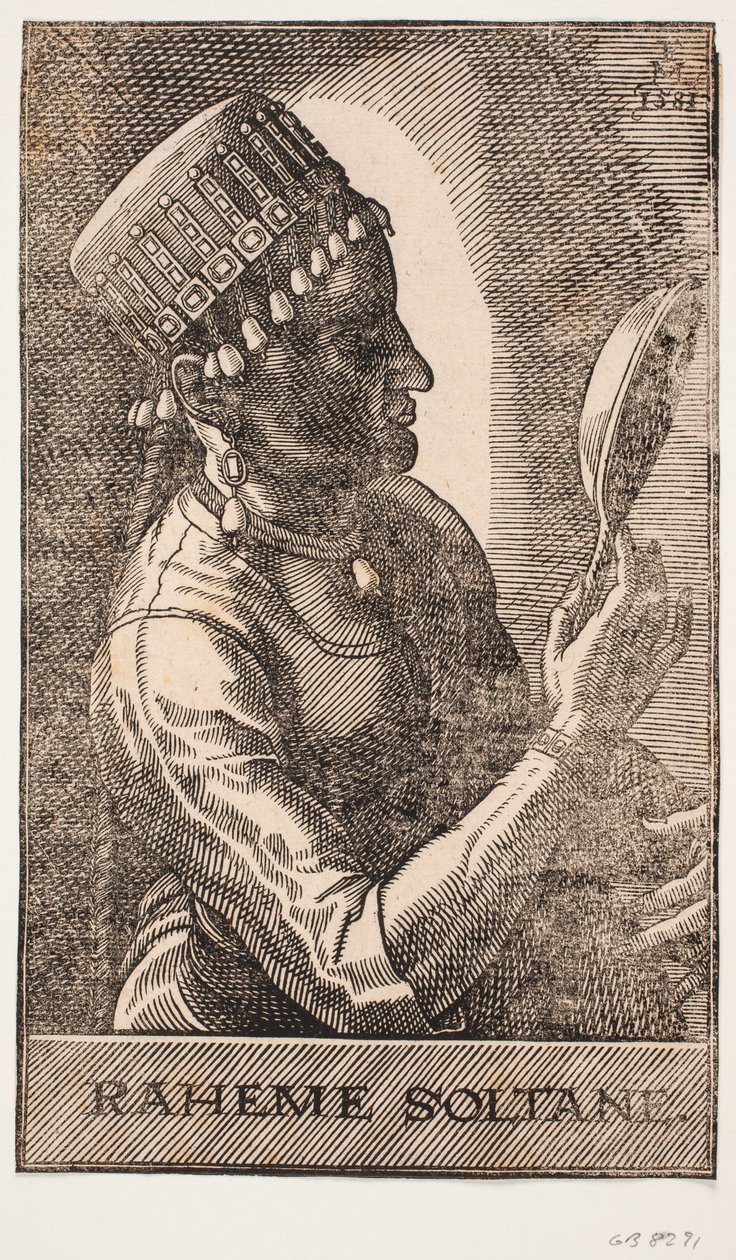 Porträt der Sultanin, spiegelnd, Profil nach rechts: RAHEME SOLTANE. von Melchior Lorck