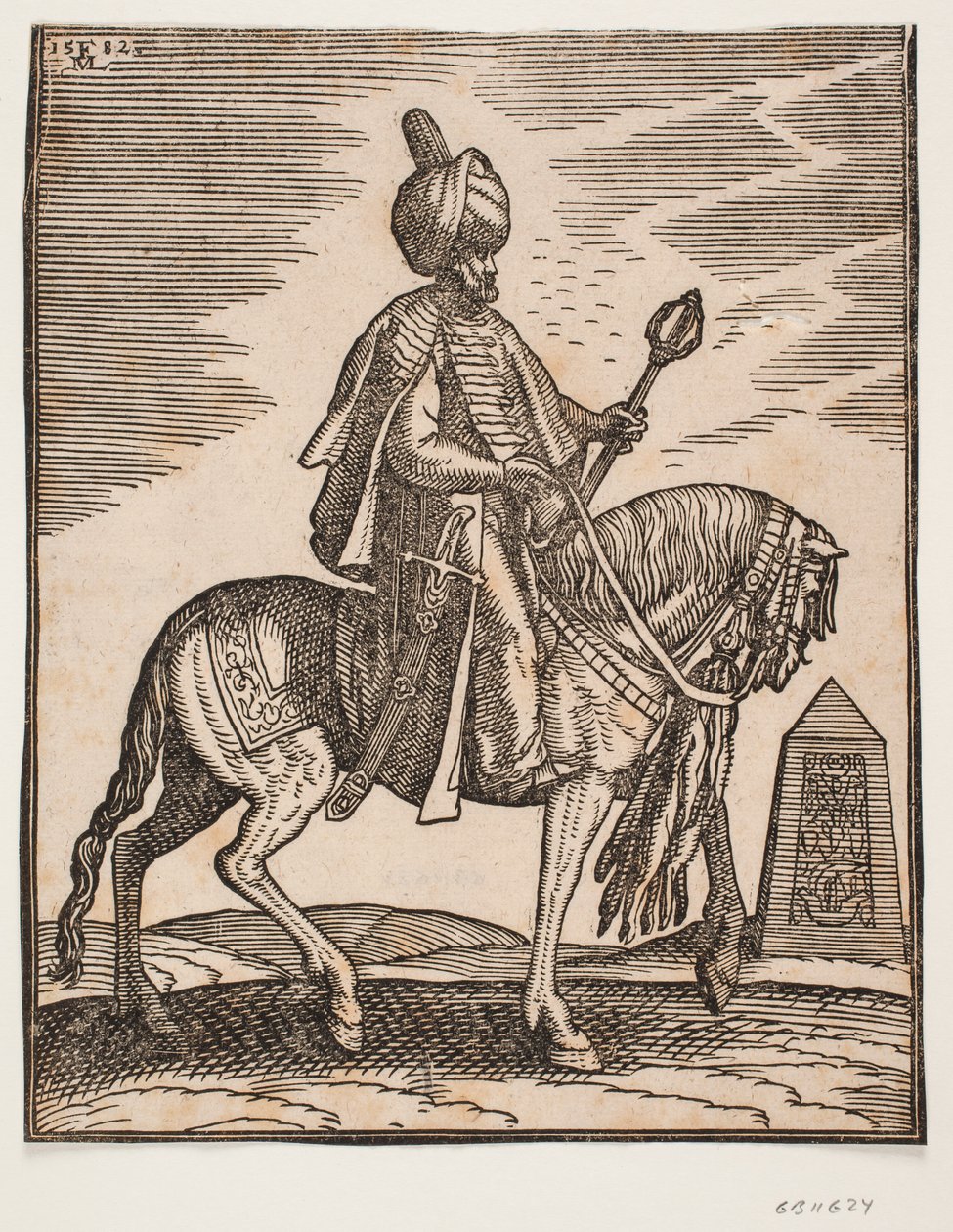 Reiter mit Turban, Schwert an der rechten Seite und Keule in der linken Hand, Profil nach rechts; im Hintergrund ein Obelisk von Melchior Lorck