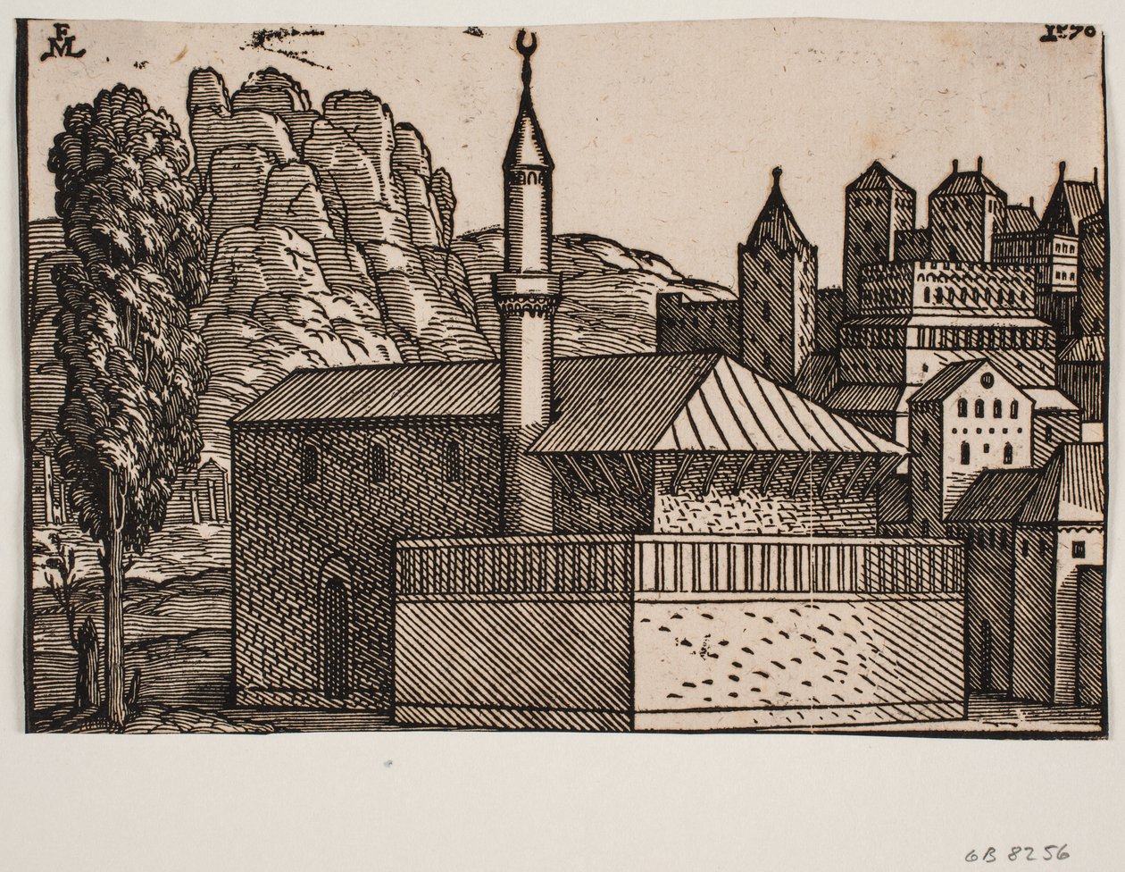 Unidentifizierte Moschee mit 1 Minarett, links hoher Baum von Melchior Lorck