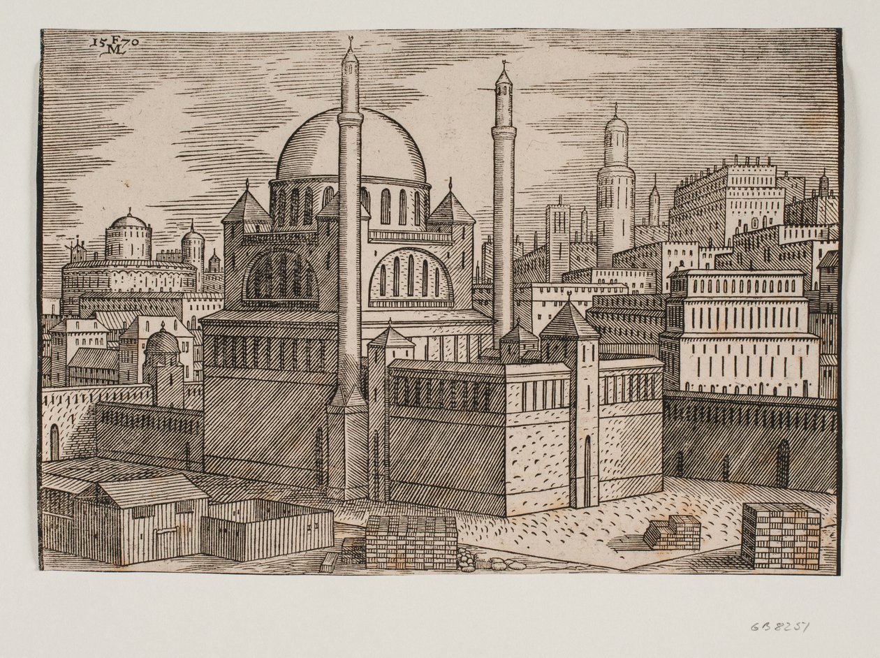 Unidentifizierte Moschee mit 2 Minaretten, von Nordosten gesehen; im Vordergrund Baustelle mit gestapelten Bausteinen von Melchior Lorck