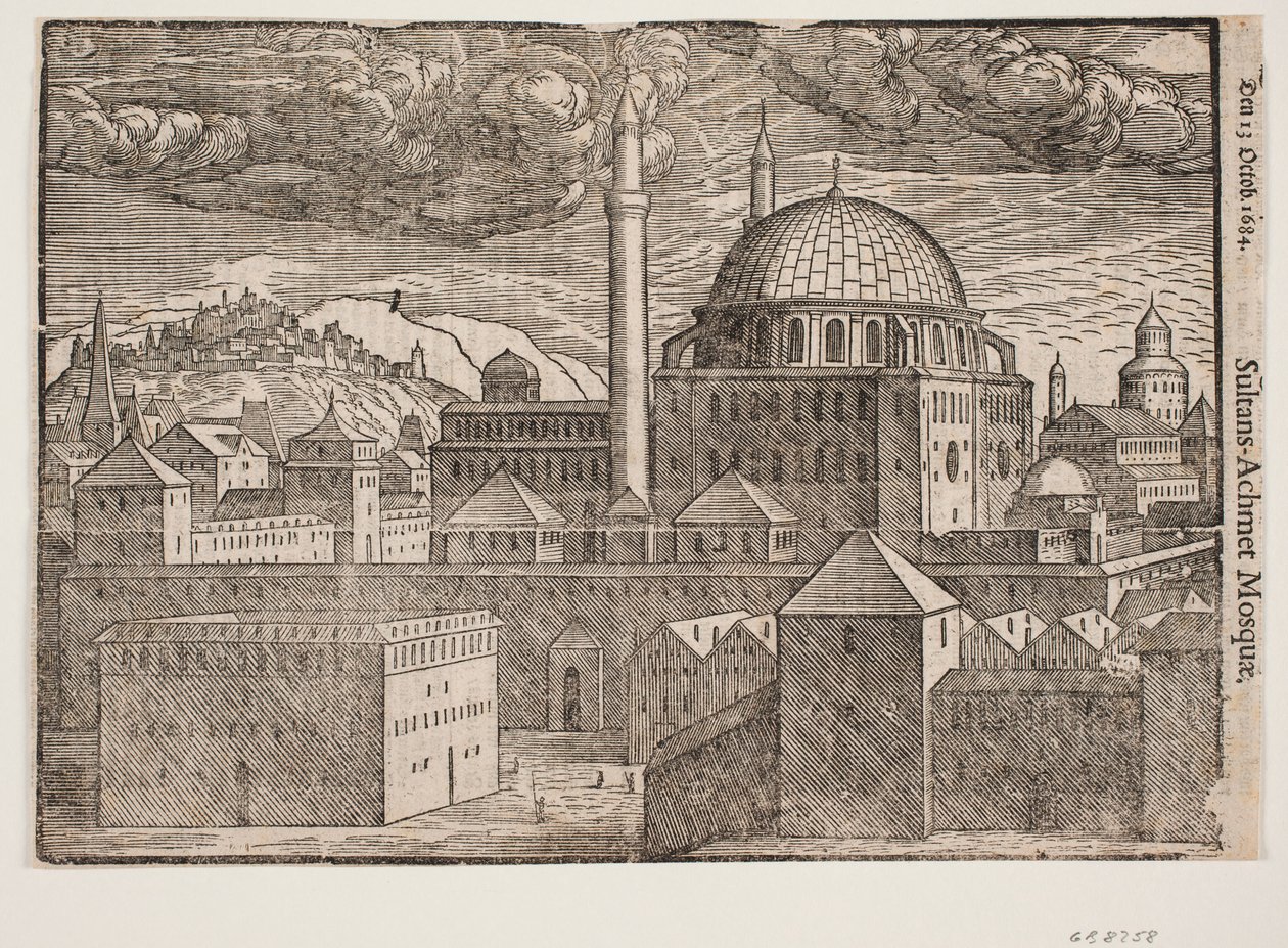 Unidentifizierte Moschee mit 2 Minaretten, von Südosten gesehen; links ein Berg mit befestigter Stadt von Melchior Lorck