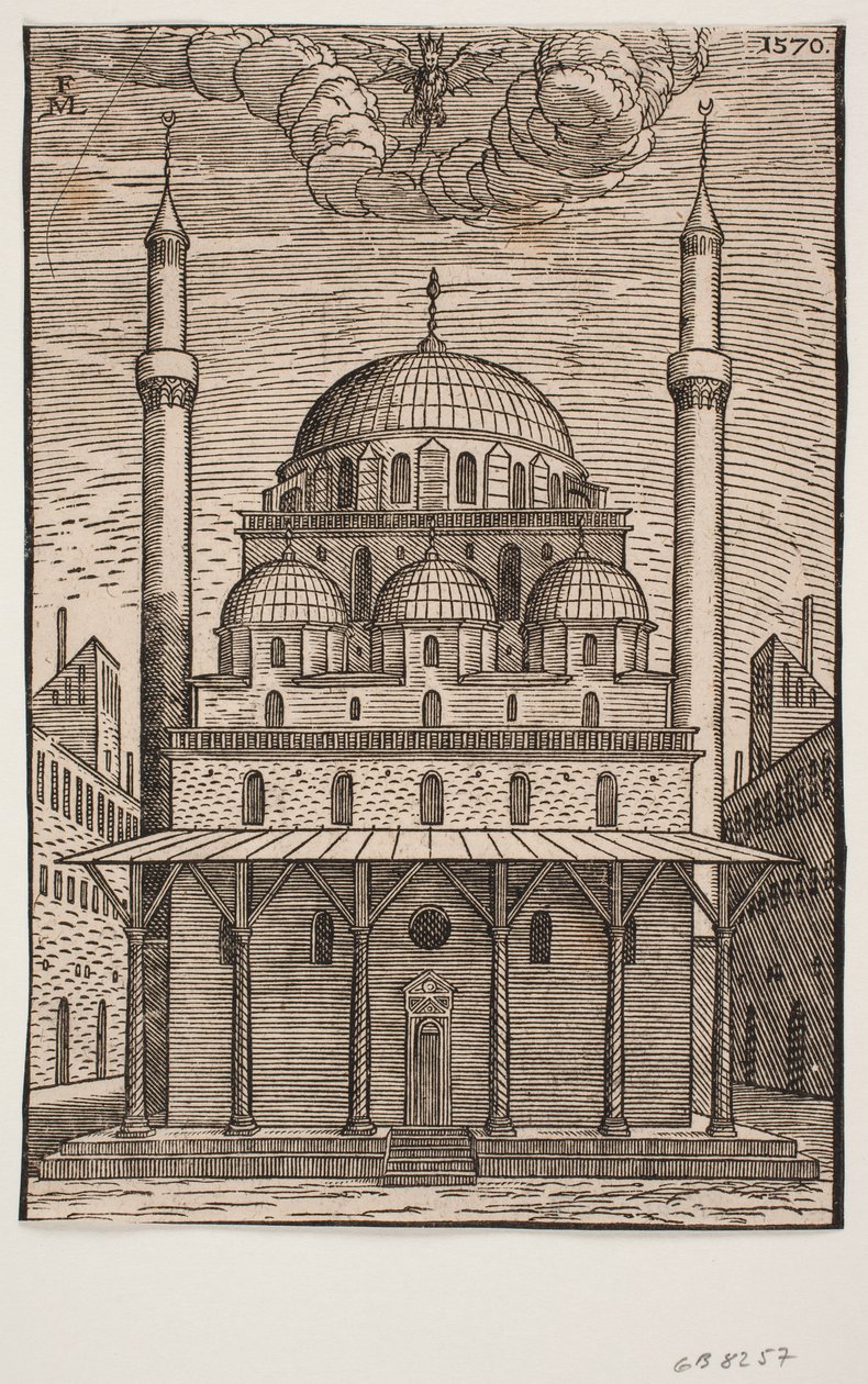 Unidentifizierte Moschee mit einem drachenähnlichen Teufel darüber schwebend von Melchior Lorck