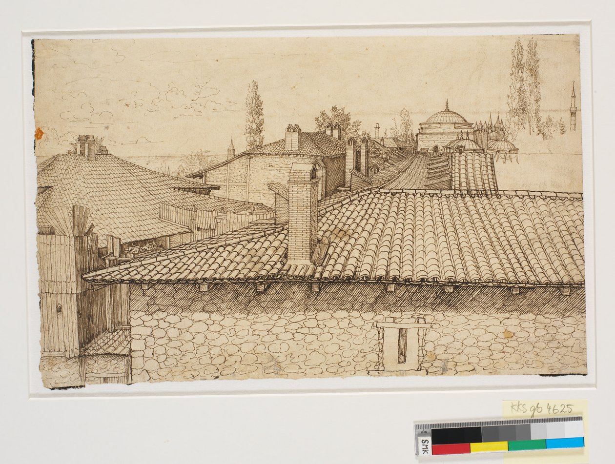 Blick über Dächer zur Säule des Arcadios in Konstantinopel von Melchior Lorck