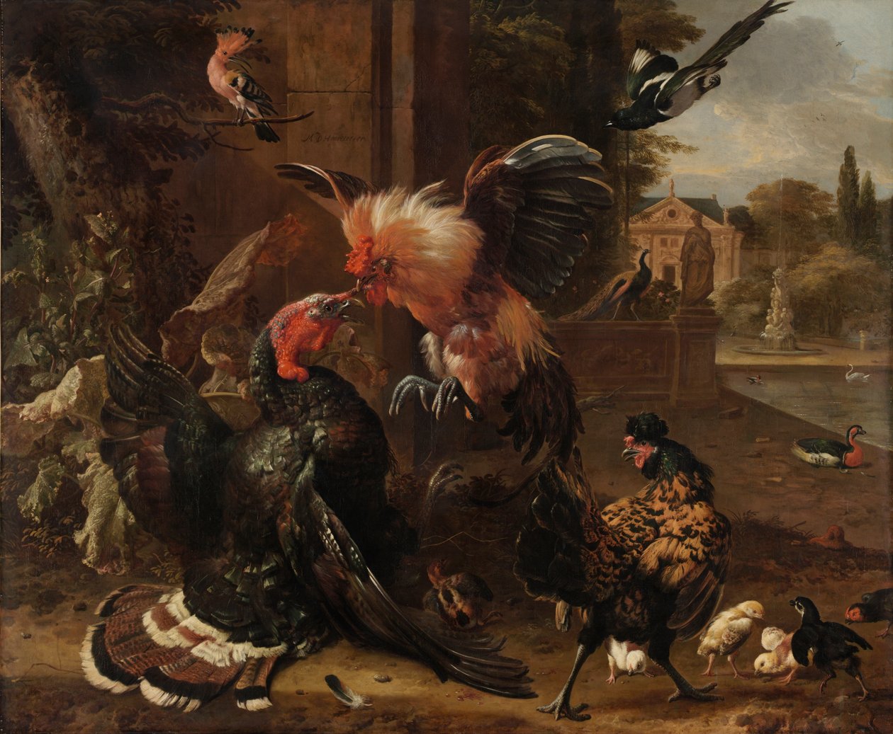 Ein Hahn und ein Truthahn im Kampf, um 1680 von Melchior de Hondecoeter