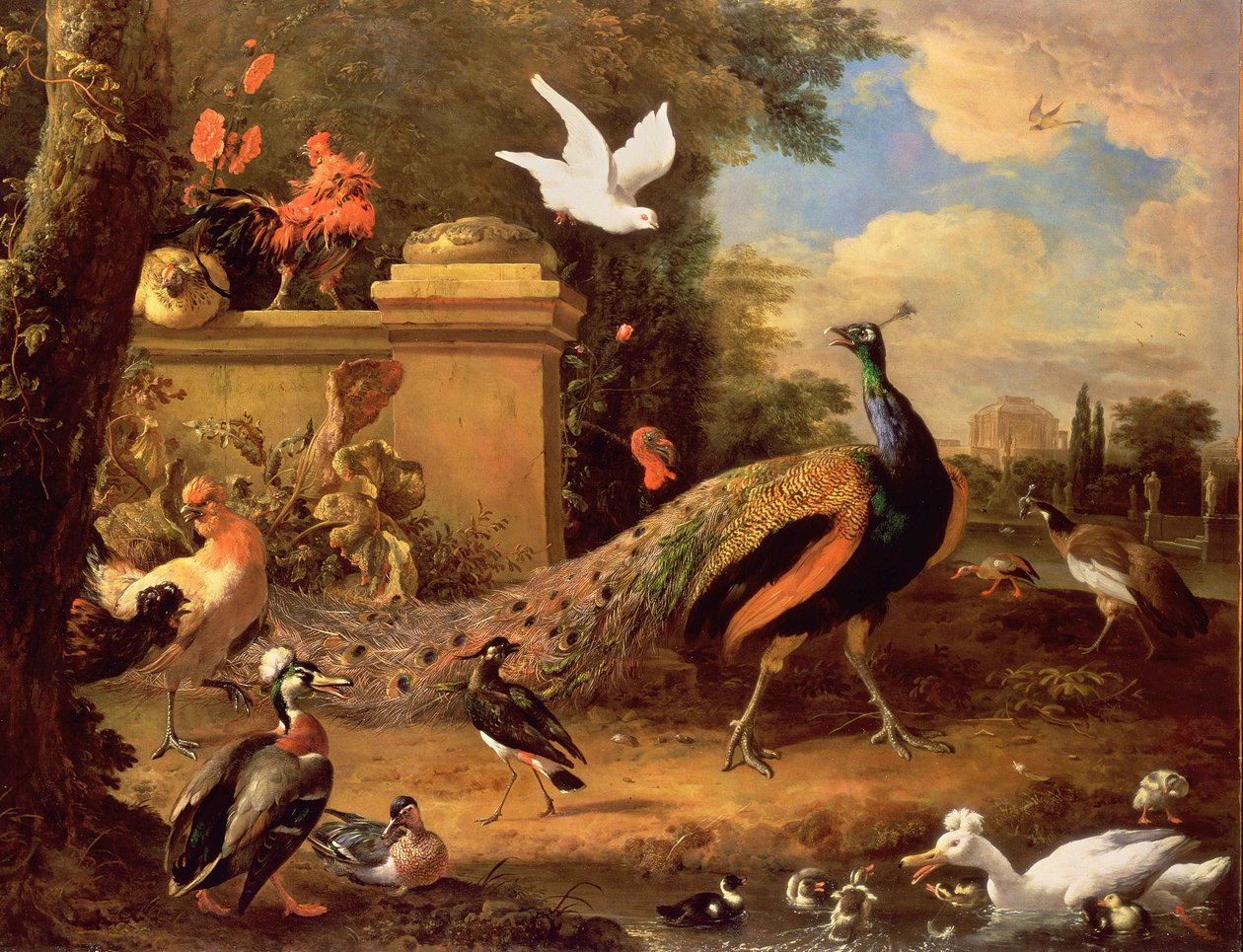 Pfauen und andere Vögel an einem See von Melchior de Hondecoeter