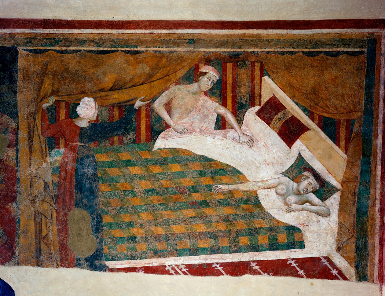 Szene des ehelichen Lebens im Mittelalter. Ein Mann gesellt sich zu seiner nackten Frau im Bett. (Detail) von Memmo di Filippuccio