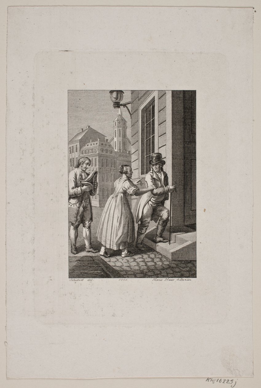 Illustration mit Frau, die einen Herrn an einem Tor aufhält, während ein Diener zusieht von Meno Haas