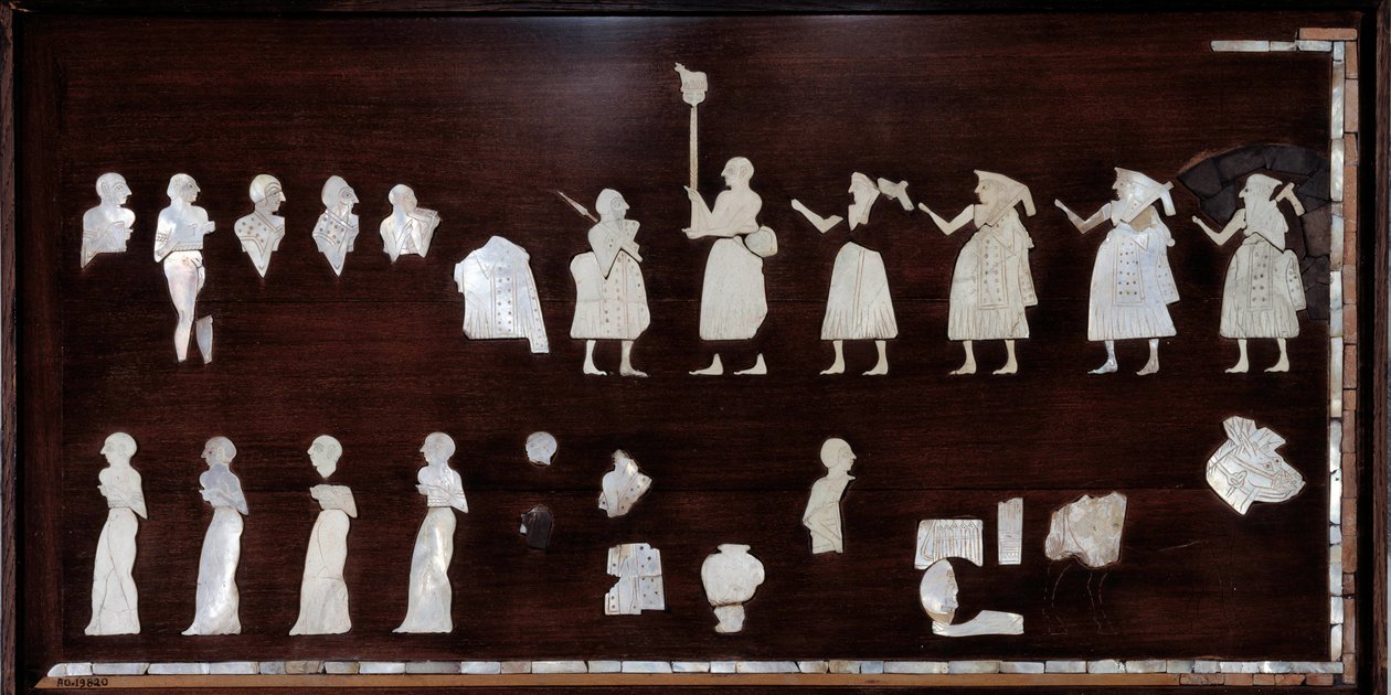 Mesopotamien: Mosaikelemente des Banners von Mari in Bitumen, Muschel und Stein. 3500 v. Chr. Aus dem Tempel der Ishtar von Mari von Mesopotamian Mesopotamian