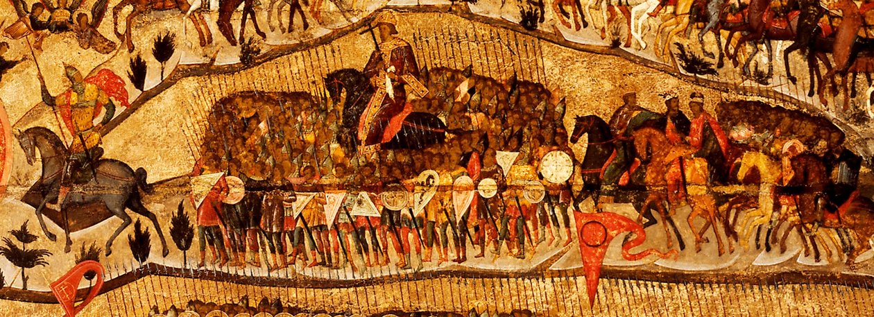 Gesegnet sei das Heer des Himmelskönigs (Detail): Kriegerreihe: Iwan IV., Wladimir Monomach, Wladimir I., Boris und Gleb, 1550er Jahre von Metropolitan of Moscow Athanasius