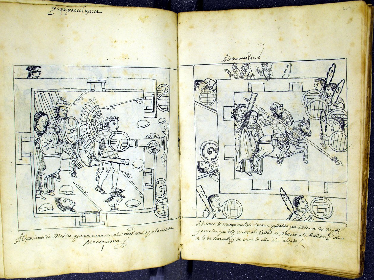 Ms Hunter 242 f.258v und f.259r, aus "Historia de Tlaxcala" von Diego Munoz Camargo von Mexican School