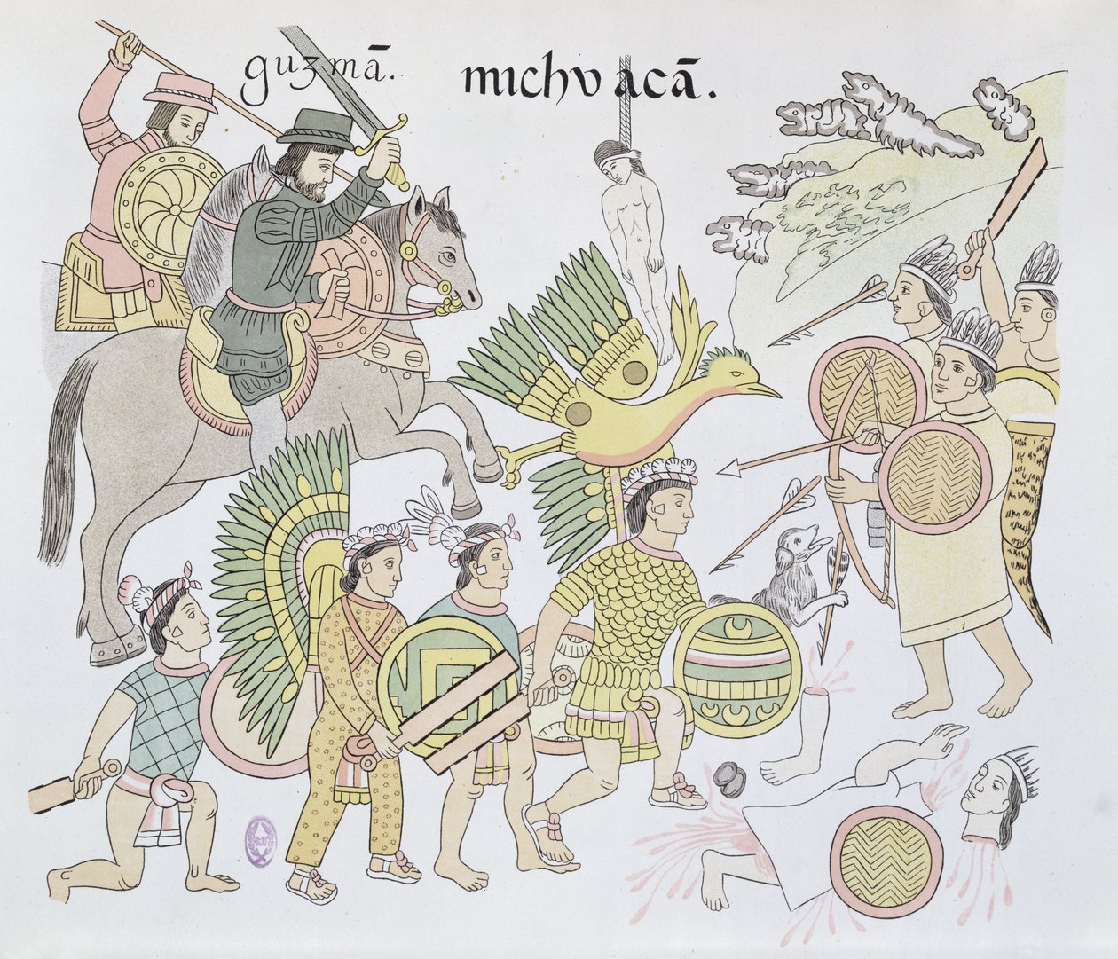 Schlacht von Michoacán zwischen den Spaniern und den Azteken, Illustration aus einer Faksimile einer mexikanischen indianischen Bildgeschichte Lienzo de Tlaxcala, ca. 1550, 1892 von Mexican School