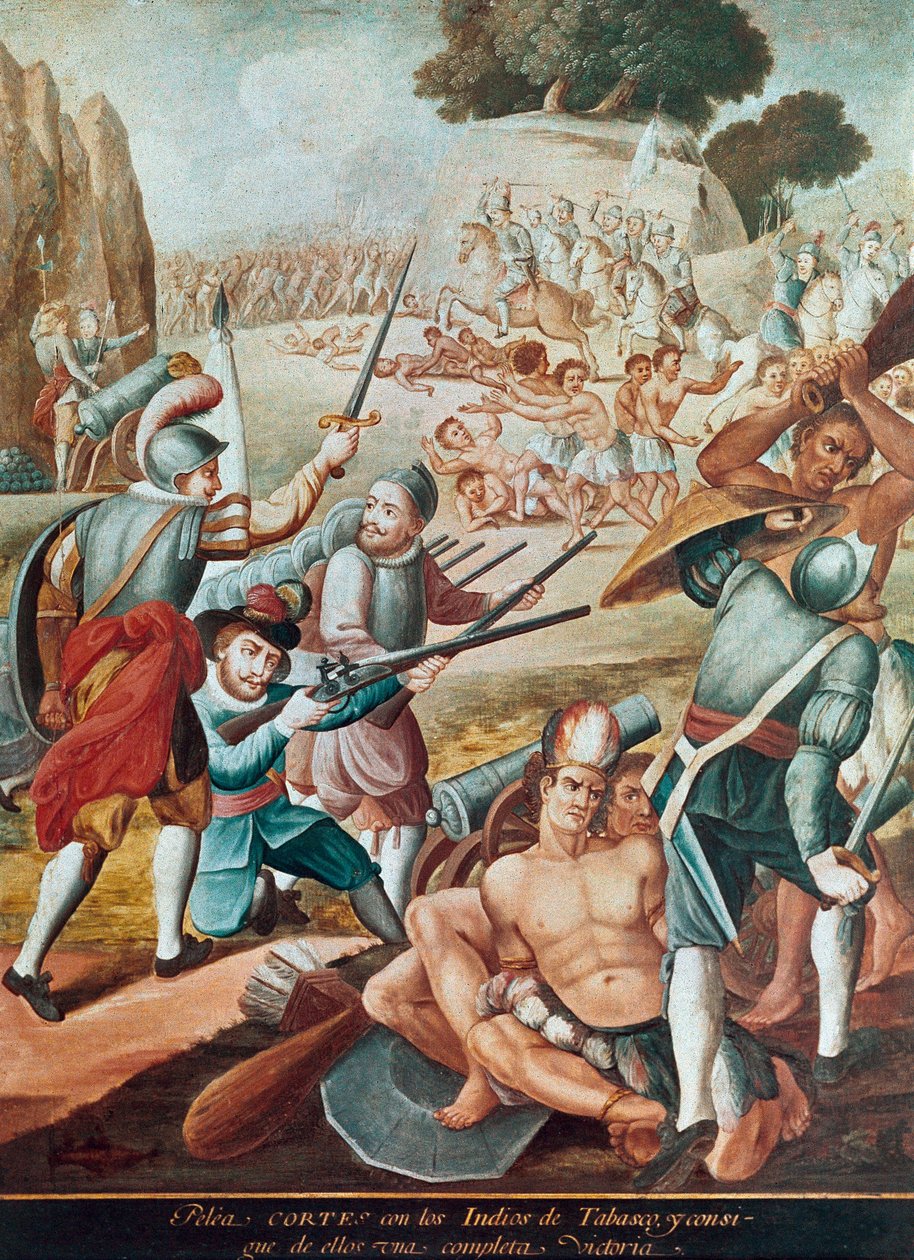 Eroberung Mexikos: Kampf von Hernando Cortes gegen die Indianer von Tabasco 1519 von Mexican School