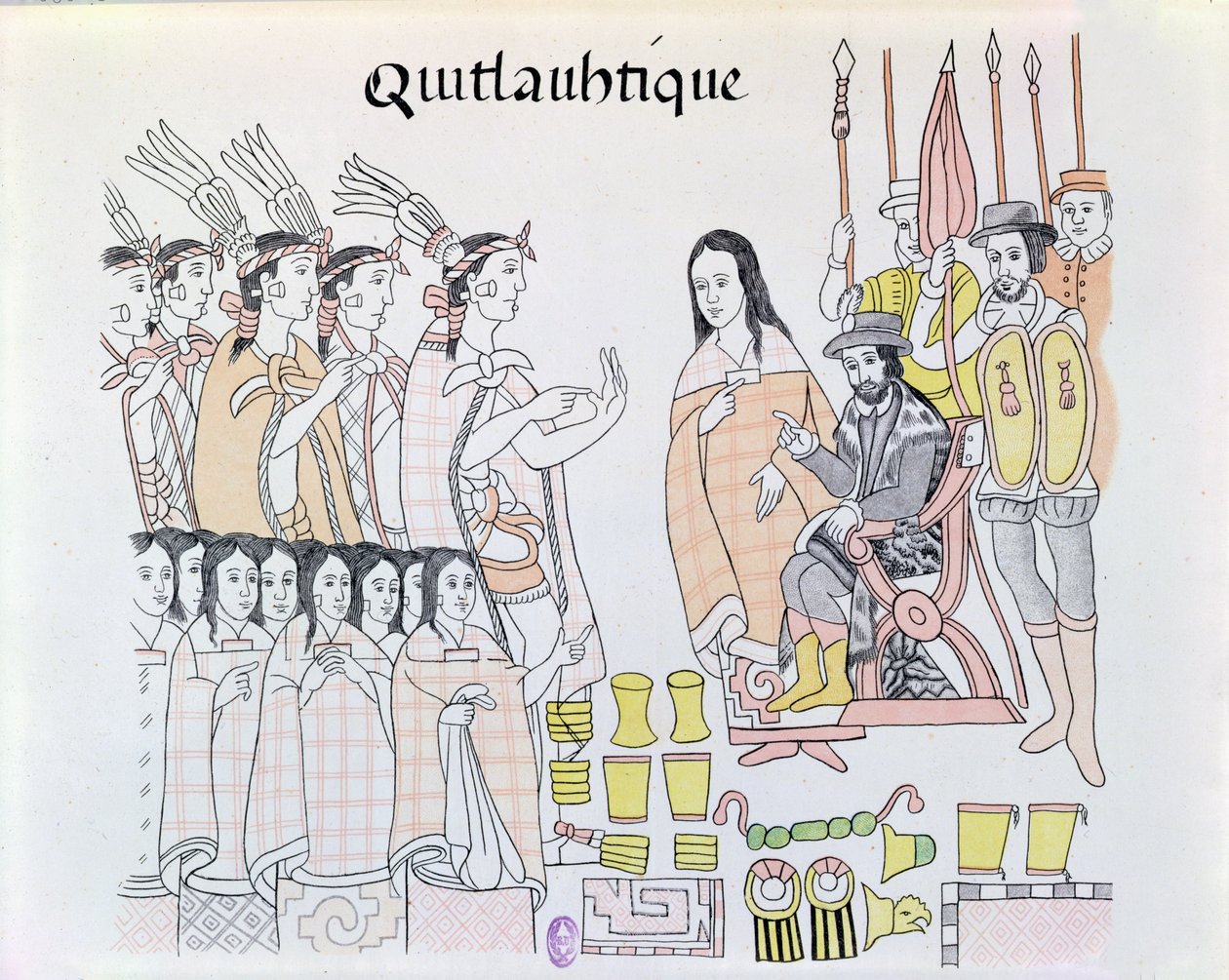 La Malinche (Dona Marina) als Dolmetscherin während der Präsentation von Frauen und Gold durch Montezuma (1466-1520) an Hernando Cortes (1485-1547) Illustration aus einer Faksimile einer mexikanischen indianischen Bildgeschichte von Mexican School