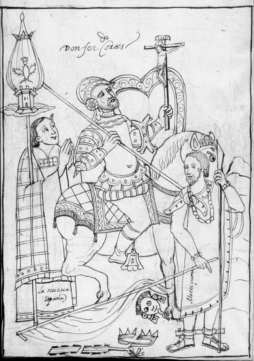 MS Hunter 242 f.246v, Cortes zu Pferd, stehend über dem besiegten Aztekenkönig Moctezuma, Illustration aus der Historia de Tlaxcala von Diego Munoz Camargo von Mexican School