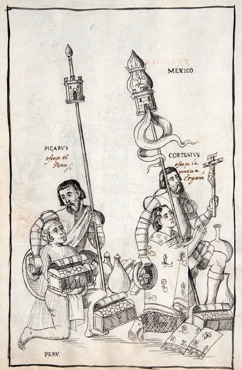 MS Hunter 242 f.248v Picarus (Pizarro) präsentiert Peru und Cortesius (Cortés) Nueva España, Illustration aus der Historia de Tlaxcala von Diego Muñoz Camargo von Mexican School