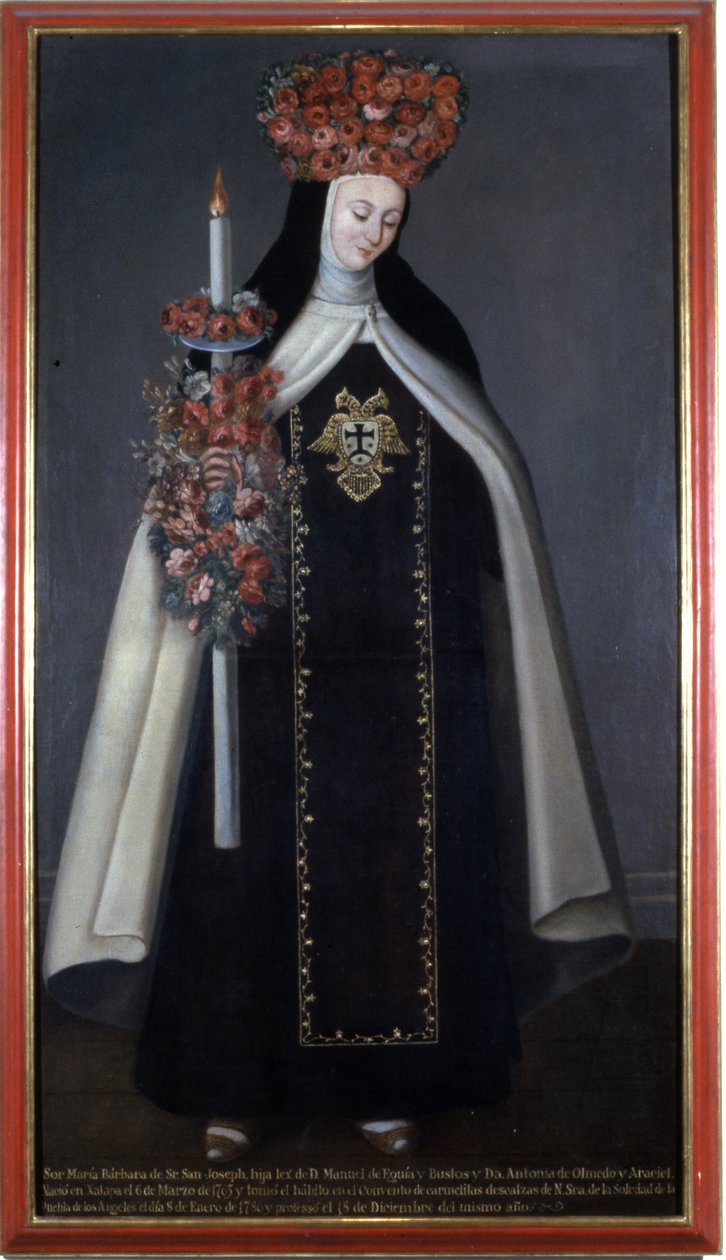 Schwester Maria Barbara de St. Joseph mit Blumen gekrönt, Convento de las Carmelitas, Puebla, Mexiko von Mexican School