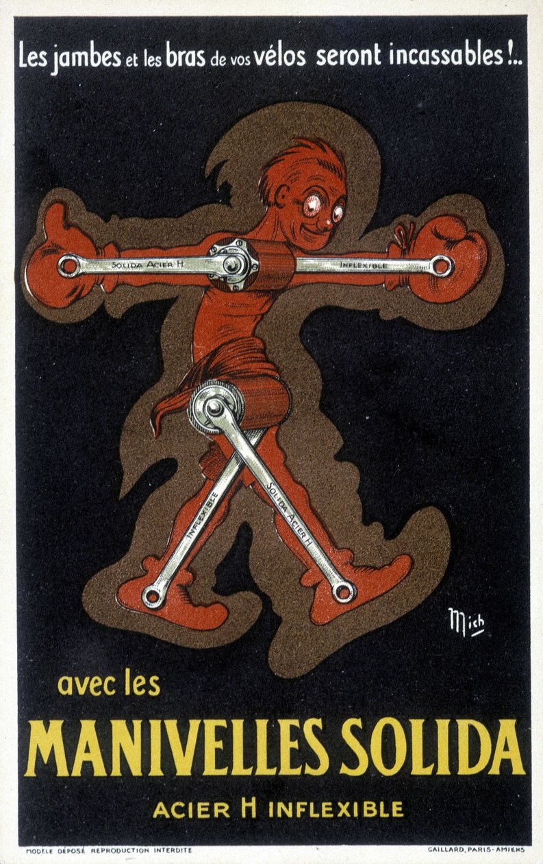 Werbung für Velo-Kurbeln aus massivem Stahl. Zeichnung von Mich (Michel Liebeaux) von Mich