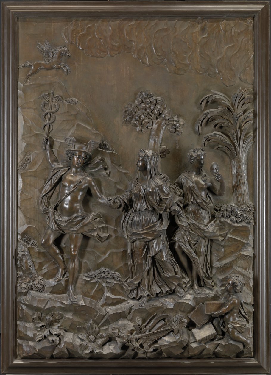 Die Stowe-Reliefs: Merkur führt Tragödie und Komödie zum Parnassus-Hügel, ca. 1740 (bronziertes Lindenholz) von Michael (attr.to) Chuke