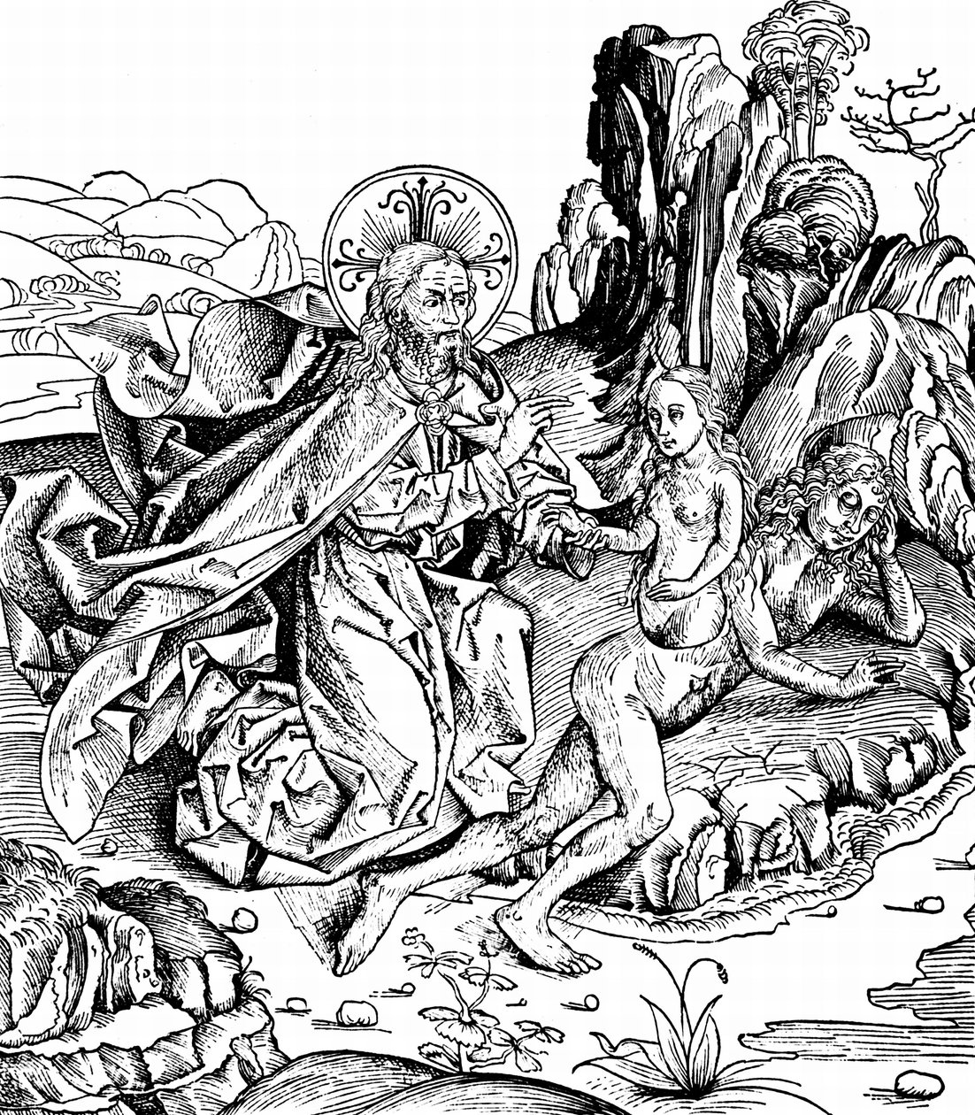 Nachdem er das Universum, die Erde und alle Lebewesen, einschließlich des Menschen, geschaffen hatte, versetzte Gott Adam in einen tiefen Schlaf und schuf Eva aus Adams Rippe. Aus Hartmann Schedels Liber chronicarum mundi von Michael & Pleydenwurff W. (d.1494) Wolgemuth