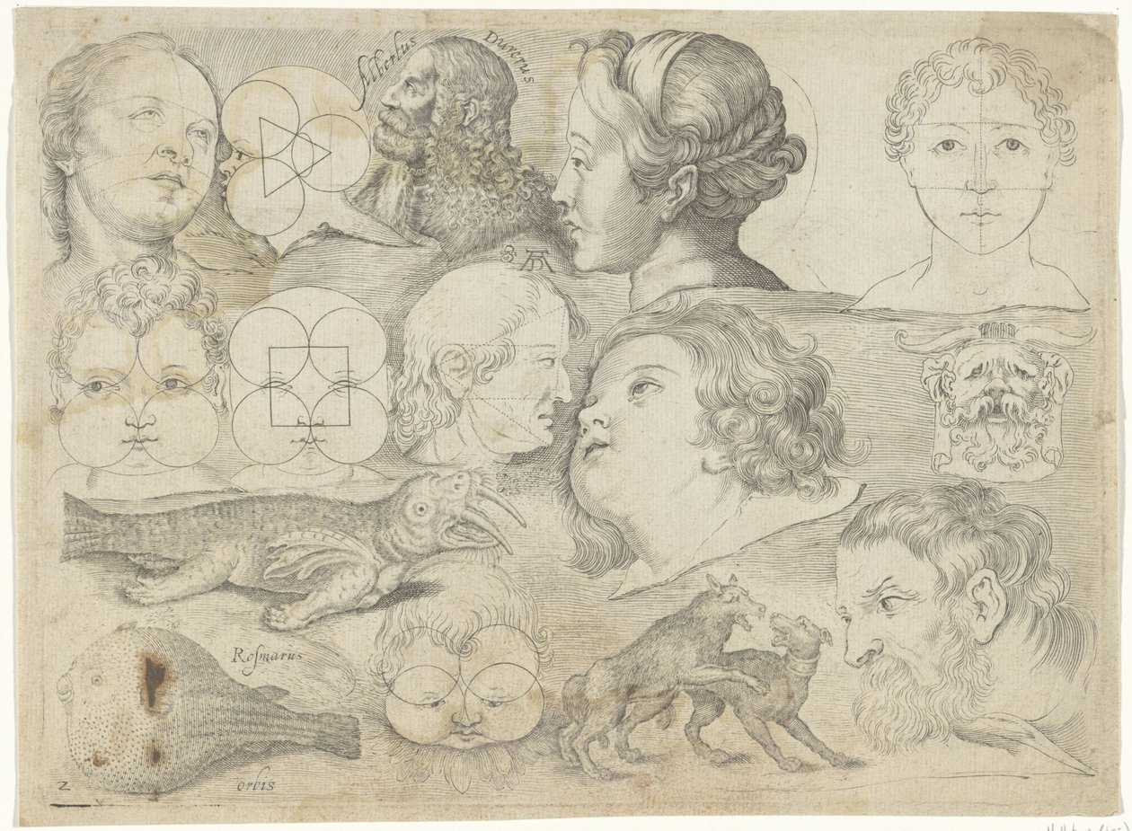Studienblatt mit Zeichenbeispielen: Figuren, Tiere etc. von Michael Snijders