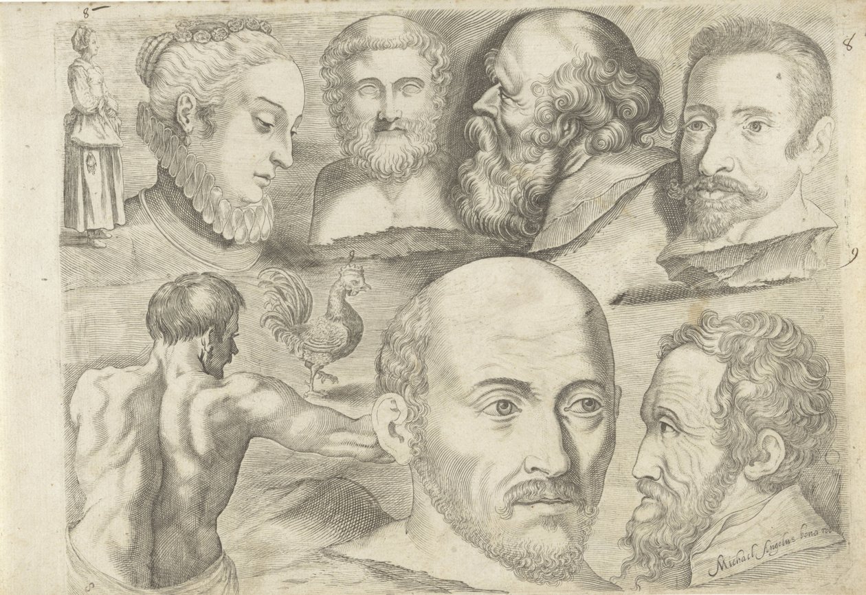 Studienblatt mit Zeichenbeispielen: stehende Figur, Hahn und Köpfe von Michael Snijders