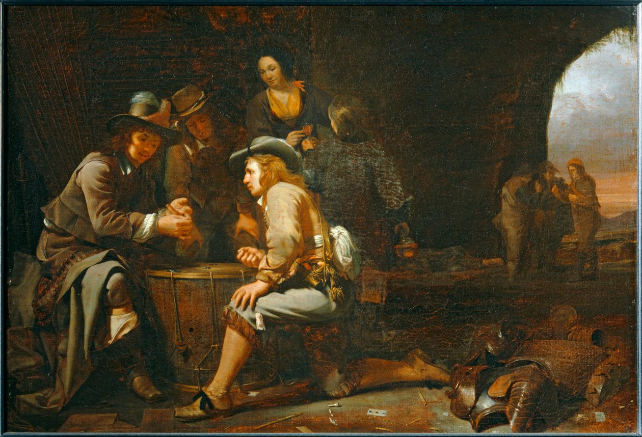 Soldaten spielen in einer Höhle, die als Wachstube eingerichtet ist. 1649 von Michael Sweerts