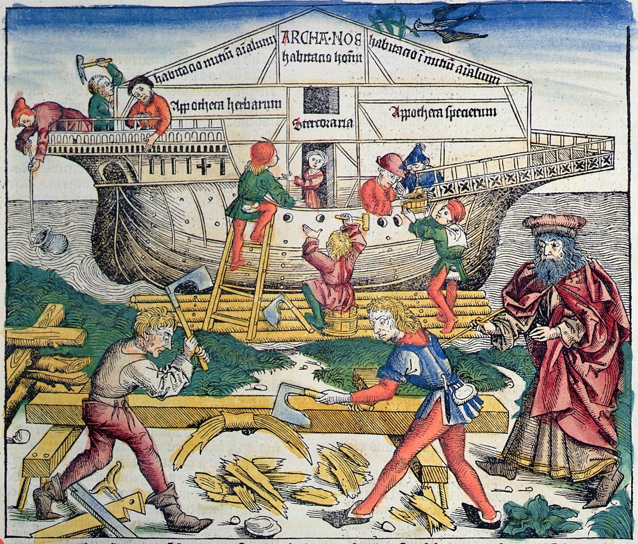 Der Bau der Arche Noah, aus der Nürnberger Chronik von Hartmann Schedel, 1493 von Michael Wolgemut