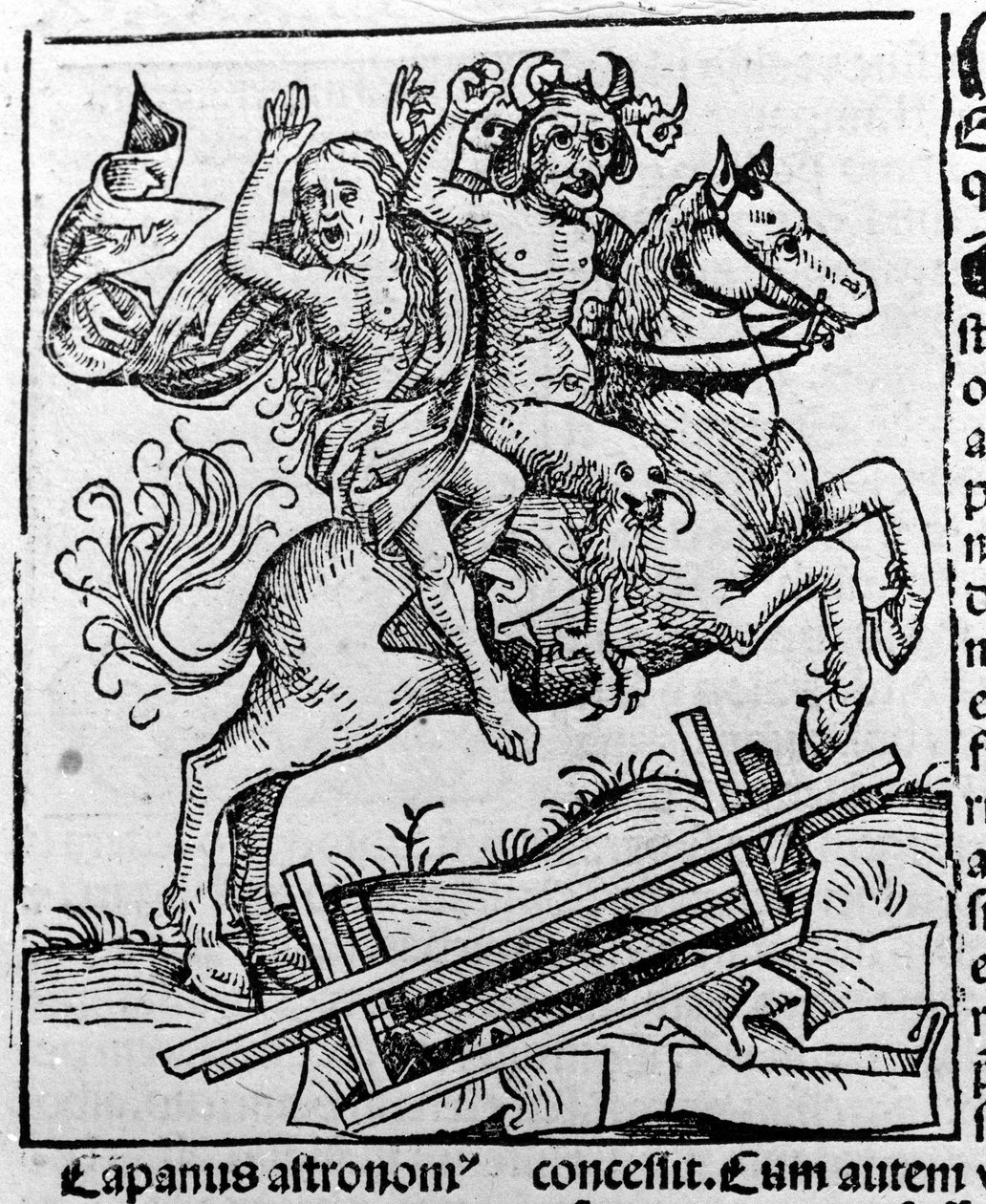 Der Teufel und eine Hexe auf dem Weg zum Sabbat von Hartmann Schedel Liber chronicarum Nürnberg 1493 von Michael Wolgemut or Wolgemuth